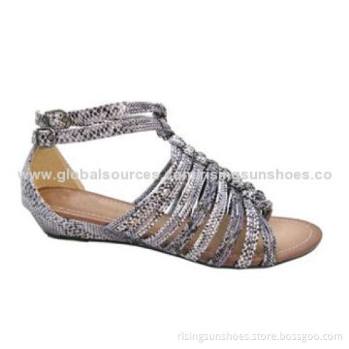 Women's sandals with Woven Tapes, Made of Snakeskin, Small Wedge Heel, OEM Order Welcomed